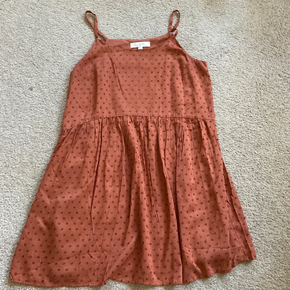 LOFT rust orange summer mini dress dot print medium